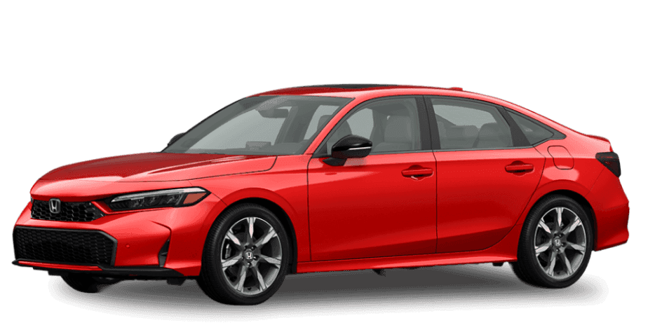 26 Honda Civic Sedan Sport Touring Hybrid in Rallye Red in three-quarter angle.
