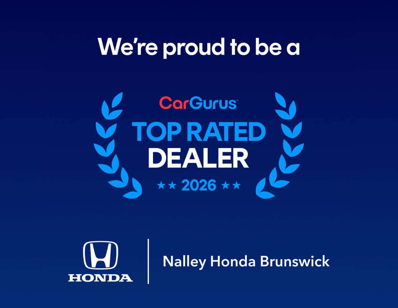 CarGurus 2026 Top Rated Dealer award badge for Nalley Honda Brunswick on a blue background.