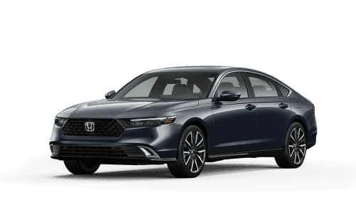 Front three-quarter view of dark gray Honda Accord Touring Hybrid against a plain white background.
