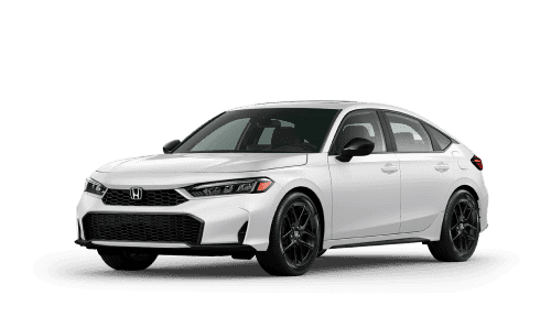 Front three-quarter view of white Honda Civic Sport Hatchback against a plain white background.