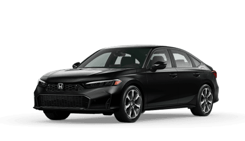 Front three-quarter view of black Honda Civic Sport Touring Hybrid against a plain white background.