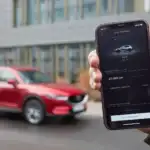 Phone showing MyMazda app in front of parked Mazda CX-5