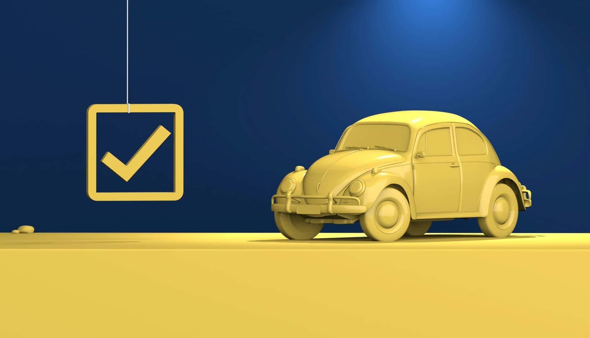 Volkswagen bug next to check mark illustration