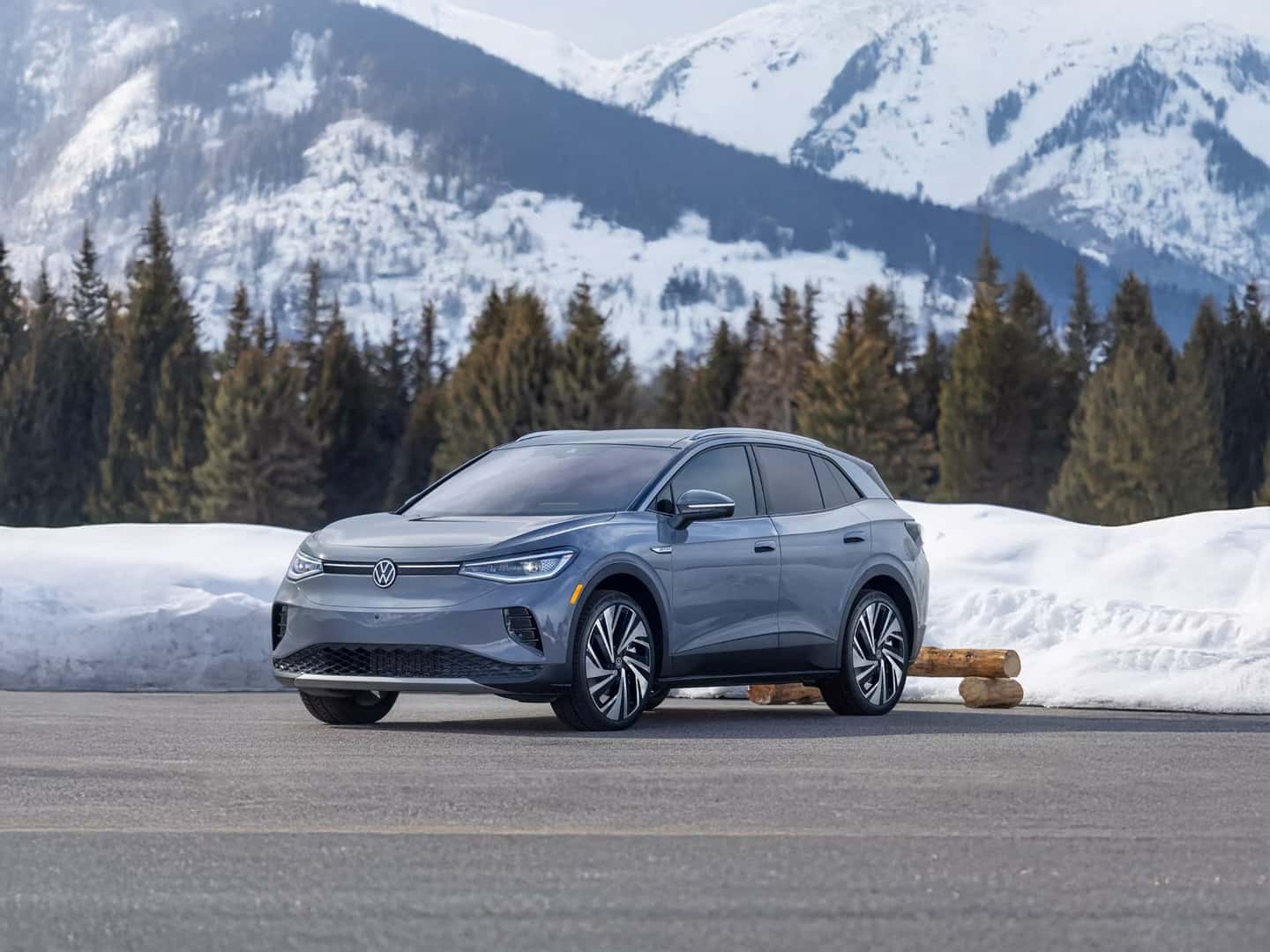 2026 Volkswagen ID.4 parked in front of a snowy mountain