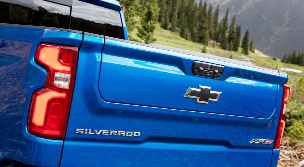 Rear of a blue 2024 Chevy Silverado 1500 ZR2.