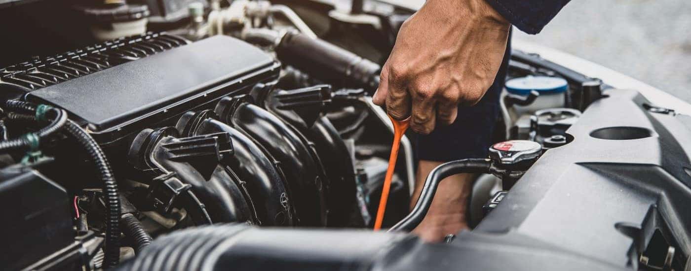 Mechanic pulling an orange dipstick.