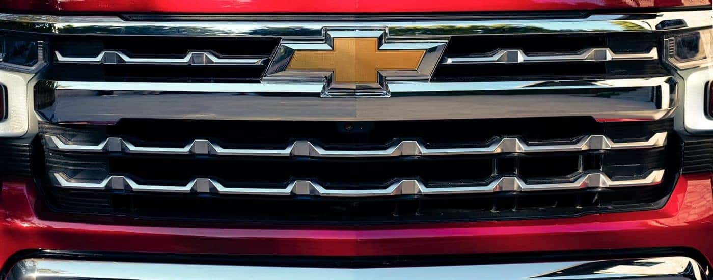 The grille on a red 2023 Chevy Silverado 1500 LTZ.