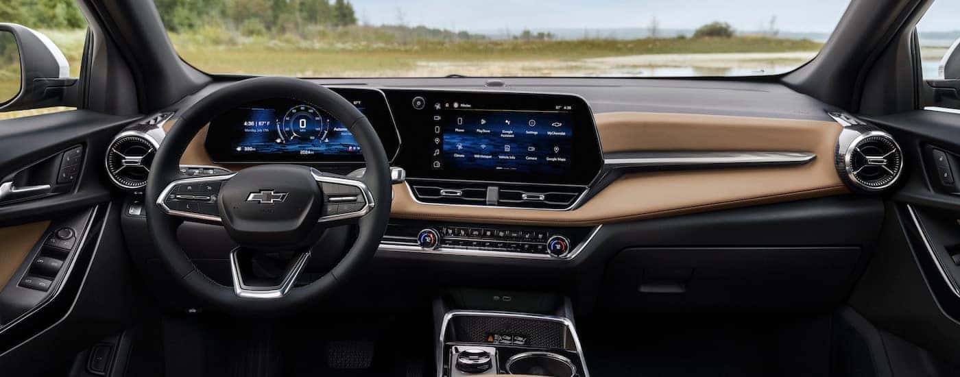 The tan interior of a 2025 Chevy Equinox for sale near Duncan is shown.