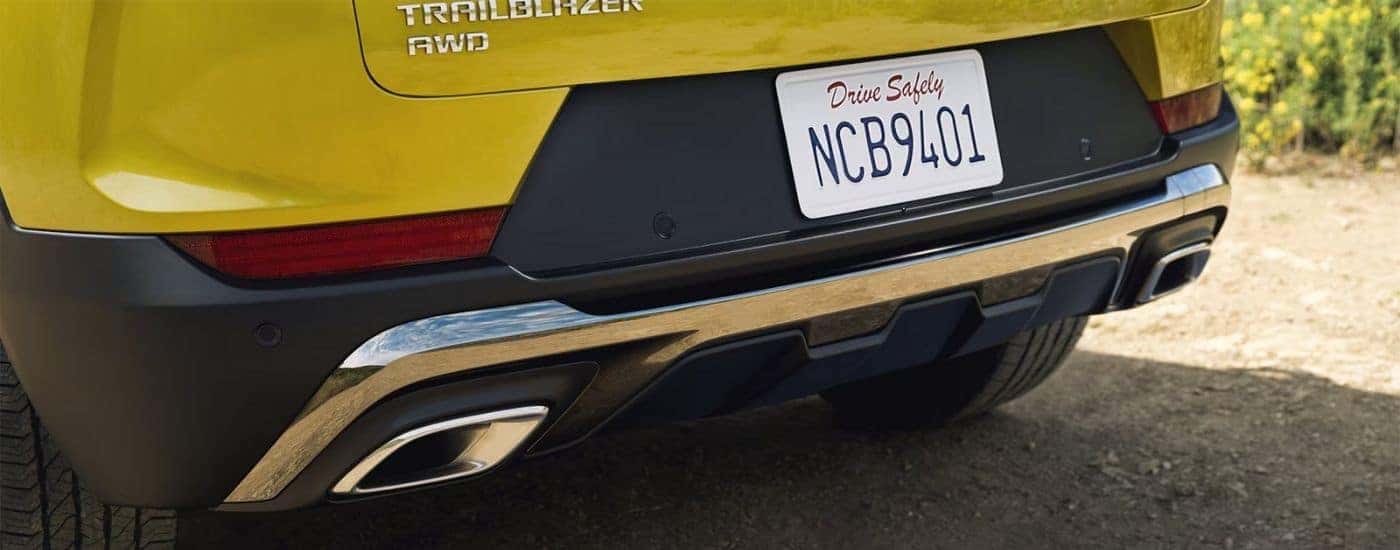 The rear bumper on a yellow 2025 Chevy Trailblazer.