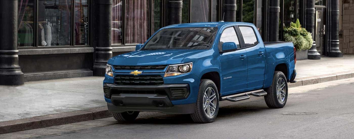 A blue 2022 Chevy Colorado WT from a used car dealer
