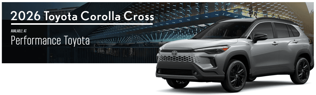 2026 Toyota Corolla Cross parked near Cincinnati skyline