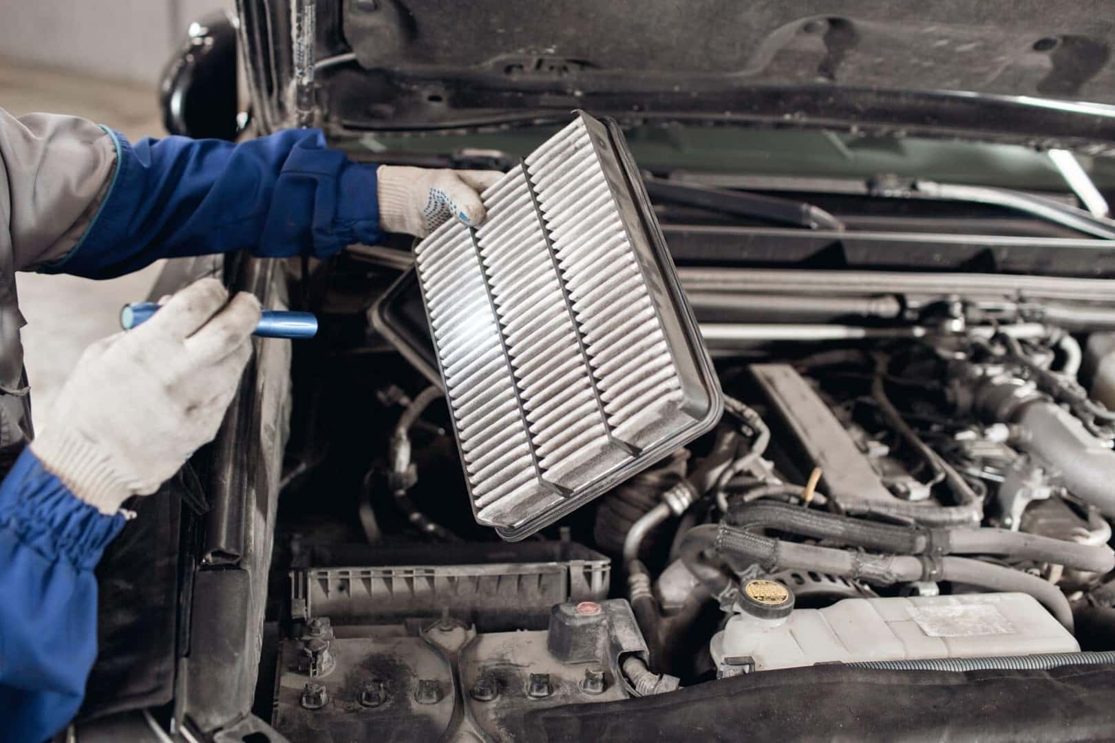 Technician studying engine filter