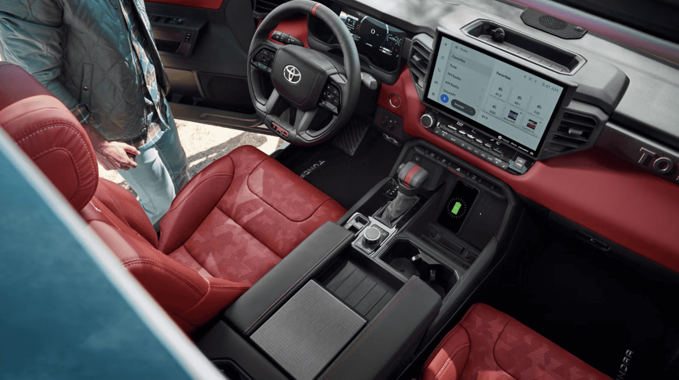 2025 Toyota Tundra TRD Pro CrewMax interior in Cockpit Red for sale nearby Prairieville, LA. 