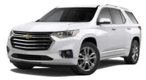 A white 2020 Chevy Traverse is facing left.