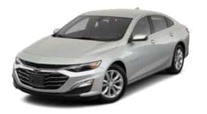 A silver 2020 Chevy Malibu is angled left on a white background.