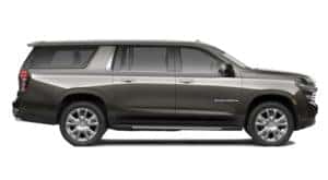 A gray 2021 Chevy Suburban profile is pointing to the right on a white background.