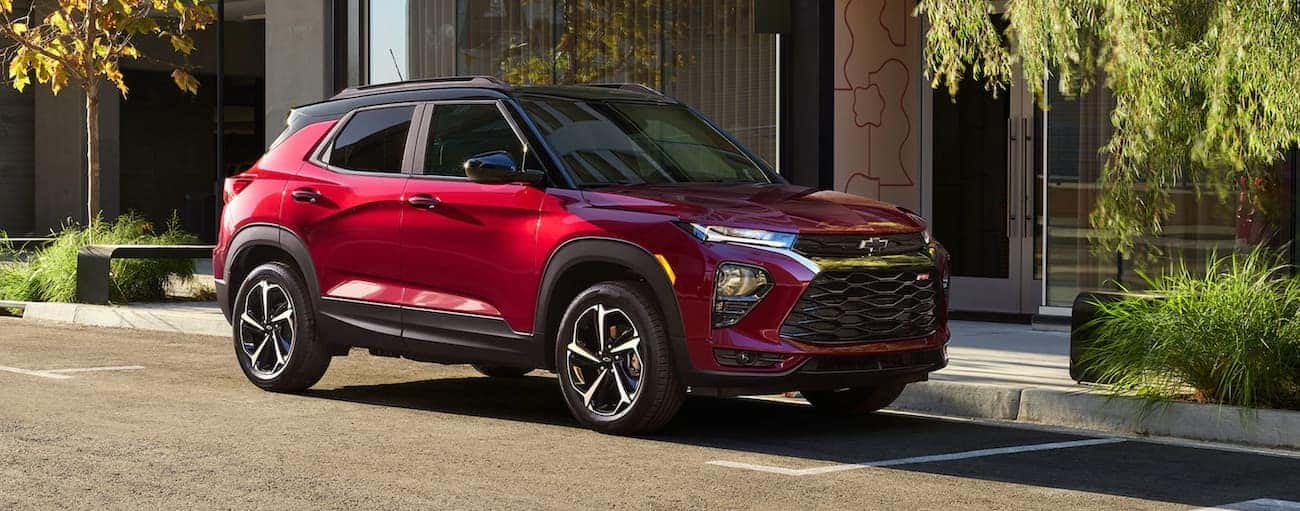 A red 2021 Chevy Trailblazer RS is parked on a city street near Bethlehem, PA.