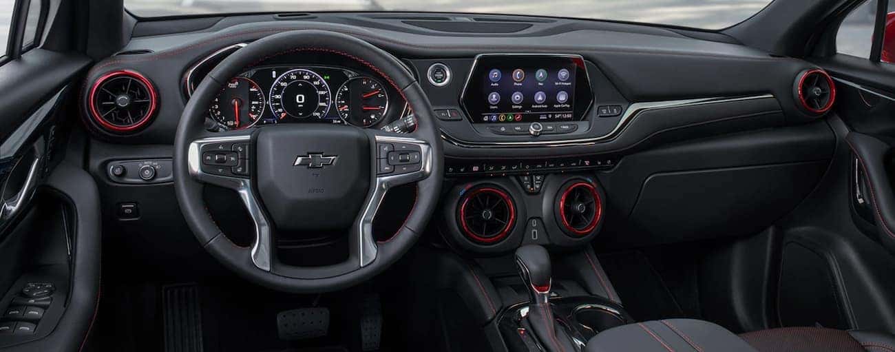 The black interior with red trim is shown in a 2020 Chevy Blazer.