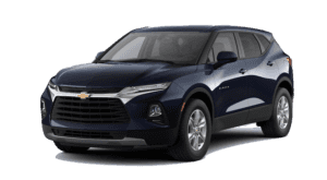 A blue 2021 Chevy Blazer is angled left.