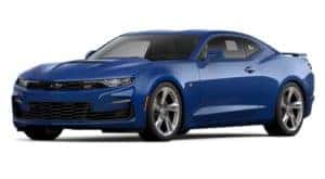 A blue 2021 Chevy Camaro is angled left.