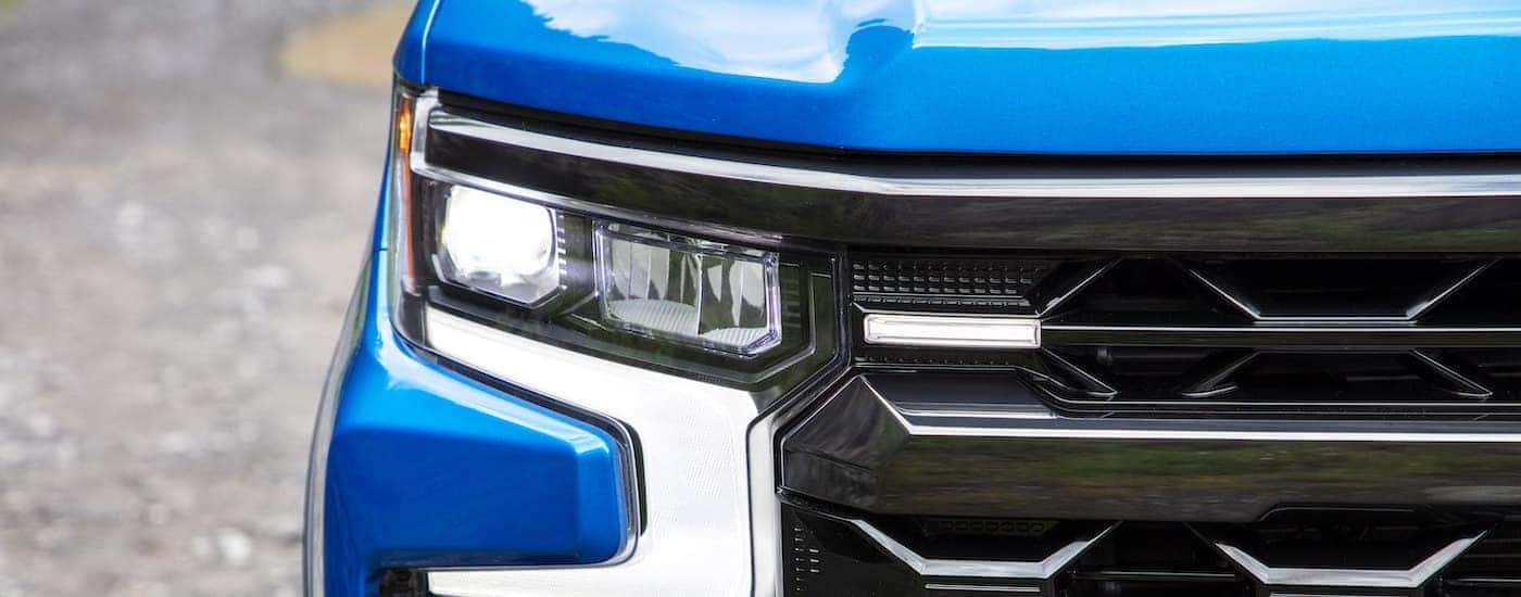 A close up shows the passenger headlight on a 2022 Chevy Silverado 1500 ZR2.
