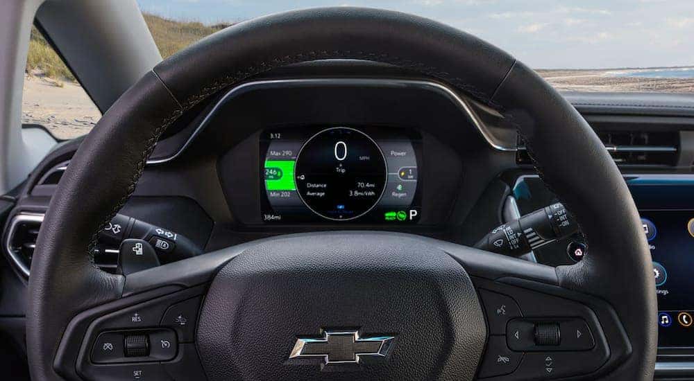The steering wheel of a 2022 Chevy Bolt EV.