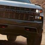 The grille of a white Chevy Silverado is shown after leaving the Allentown Chevrolet dealer.