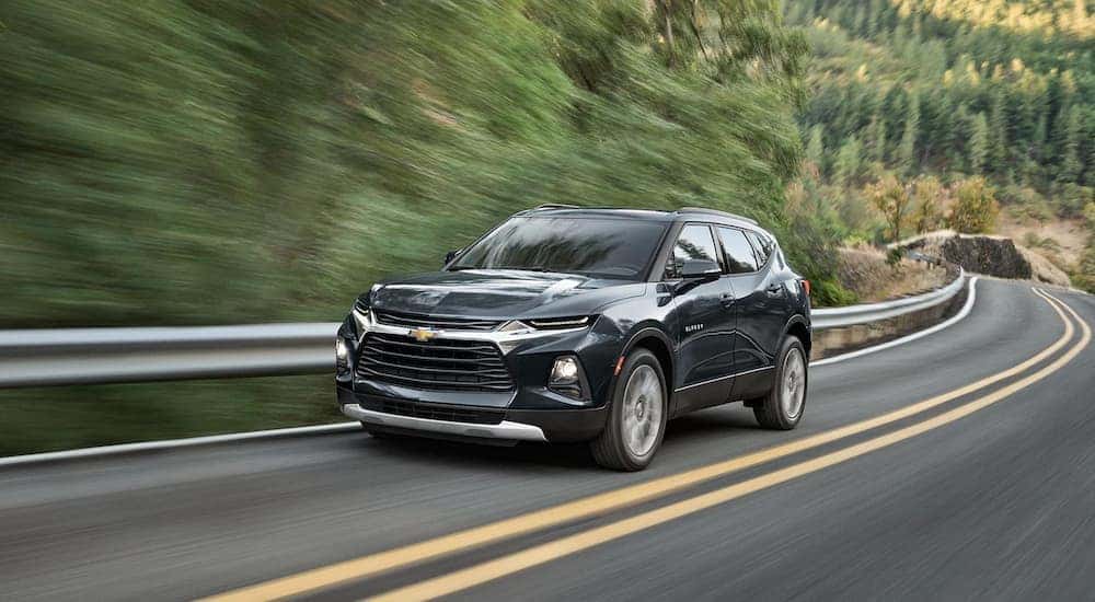 A black 2022 Chevy Blazer is shown leaving a Chevy dealer in Lehigh Valley.