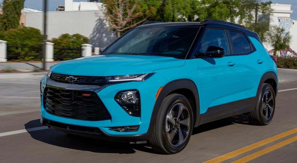 A blue 2022 Chevy Trailblazer RS is shown from the front at an angle after leaving a dealer that has a Chevrolet Trailblazer for sale near Hellertown.