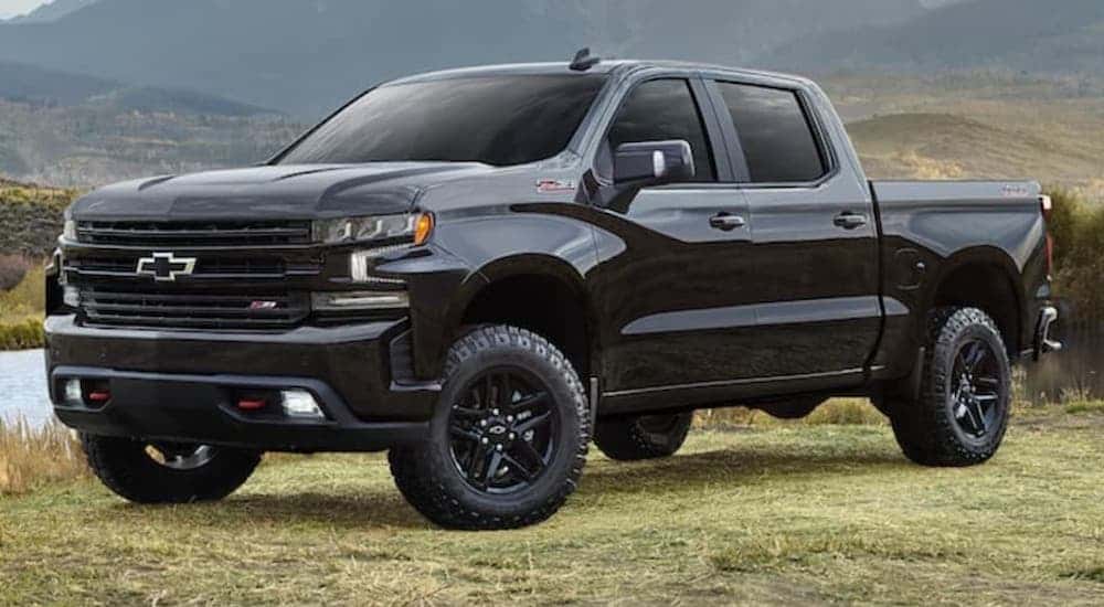 A black 2023 Chevy Silverado 1500 Trail Boss is shown from the front at an angle after leaving a dealer that has a Chevy Silverado for sale near Allentown, PA.
