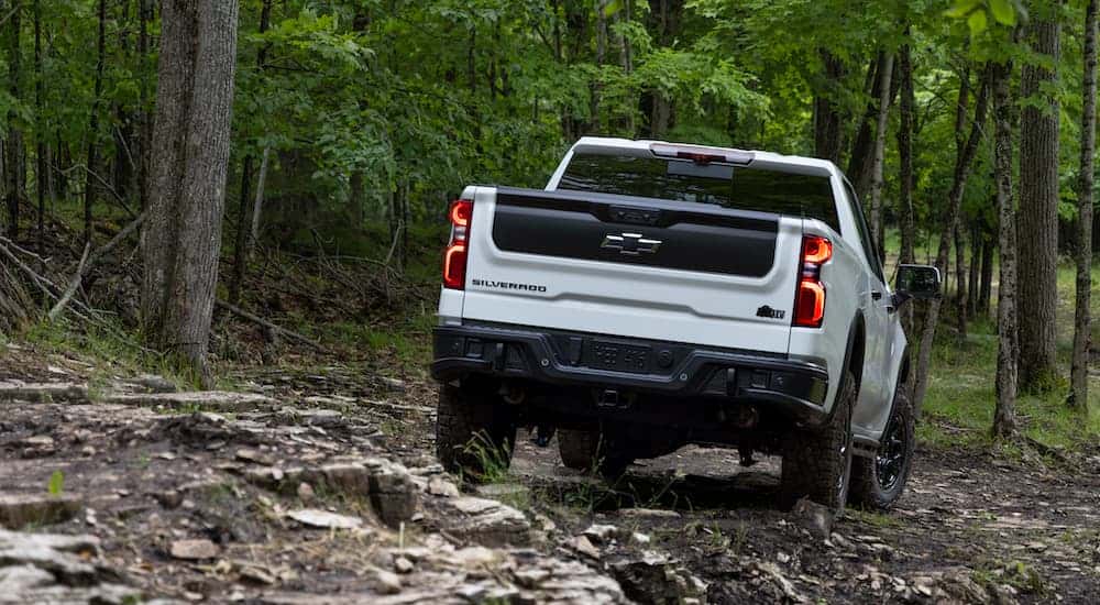 A white 2023 Chevy Silverado ZR2 Bison is shown from the rear.