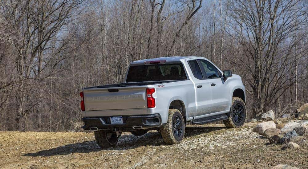 A grey 2023 Chevy Silverado Custom Trail Boss is shown from the rear at an angle after leaving a dealer that has a Chevy Silverado for sale near Easton, PA.