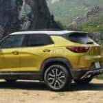 A yellow 2024 Chevy Trailblazer is shown parked off-road after viewing a Chevy Trailblazer for sale.