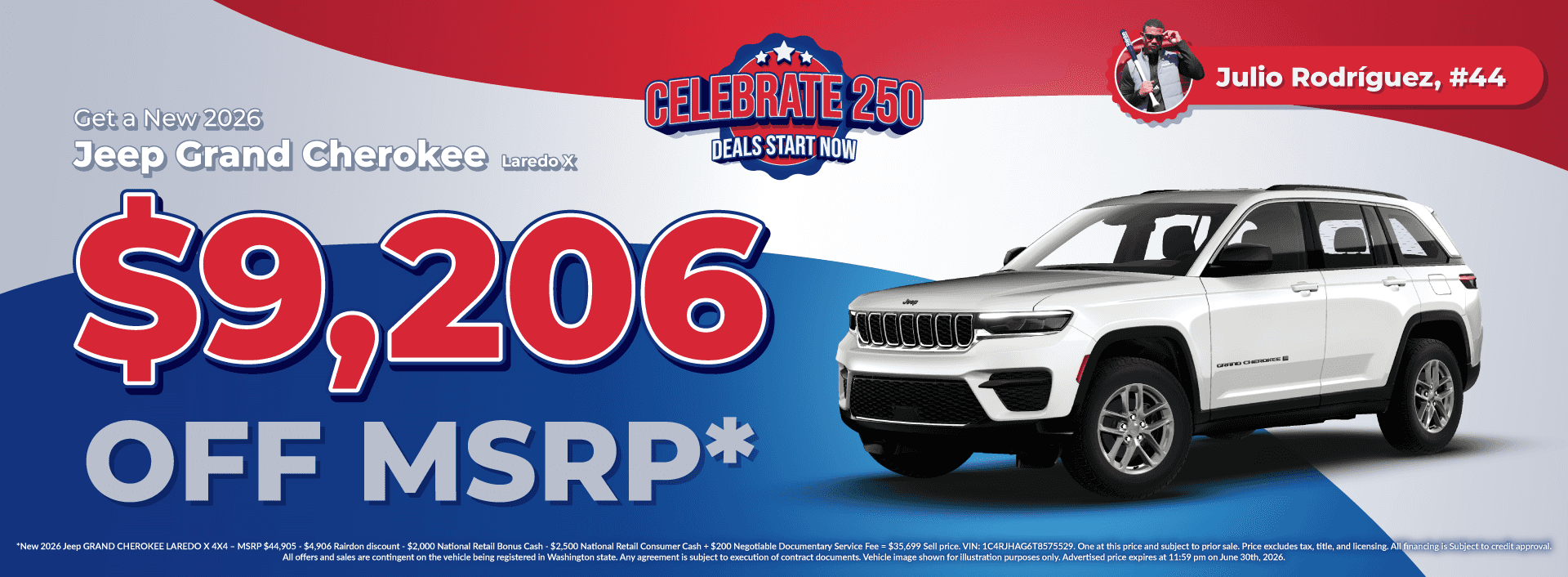 Get $9,206 off MSRP* on New 2026 Jeep Grand Cherokee Laredo X