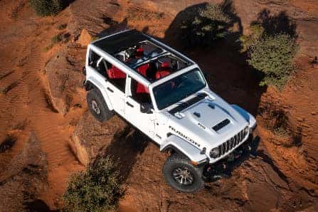 White 2024 Jeep Wrangler Rubicon Open Top Aerial View