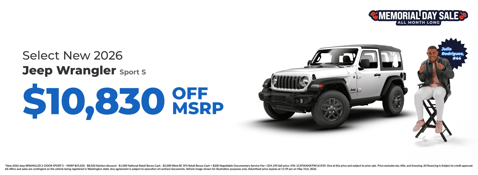 Get $10,830 off MSRP on Select New 2026 Jeep Wrangler Sport S