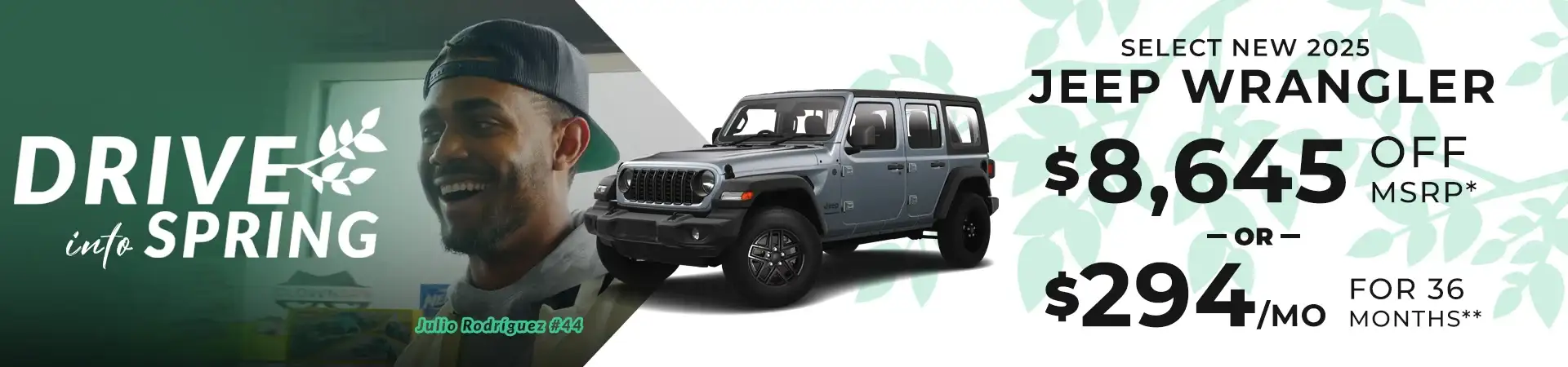 $8,645 off MSRP or Lease for $294/mo for 36 months on Select New 2025 Jeep Wrangler