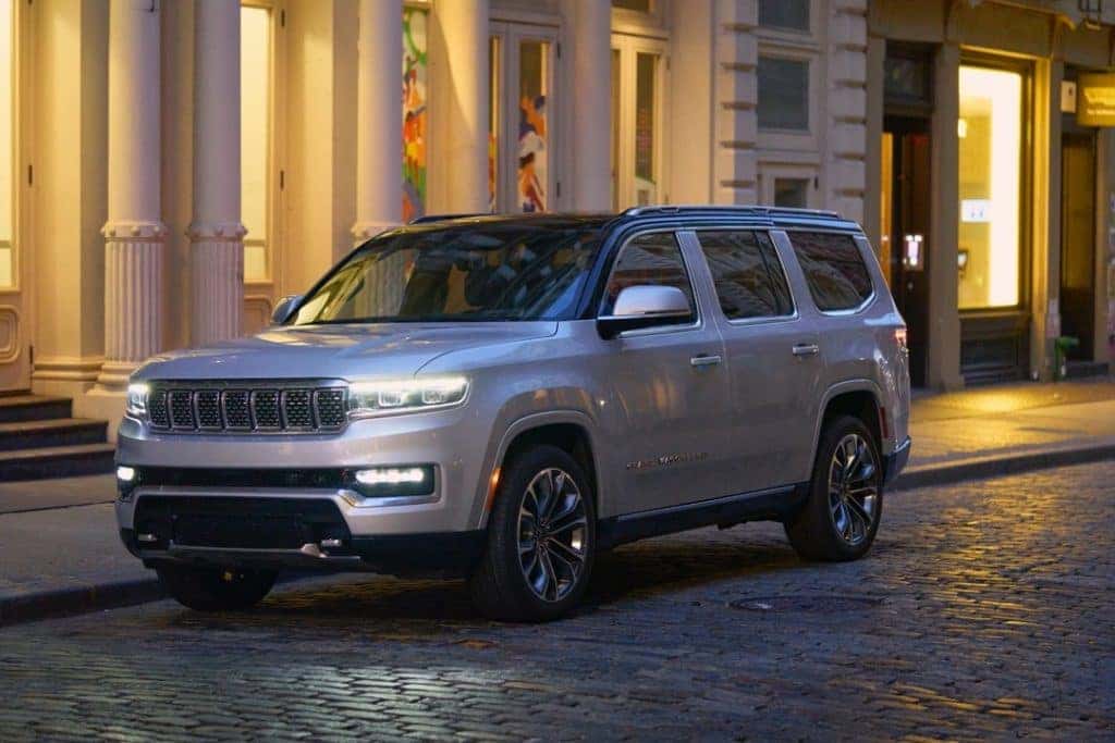 2022 Grand Wagoneer silver downtown wet