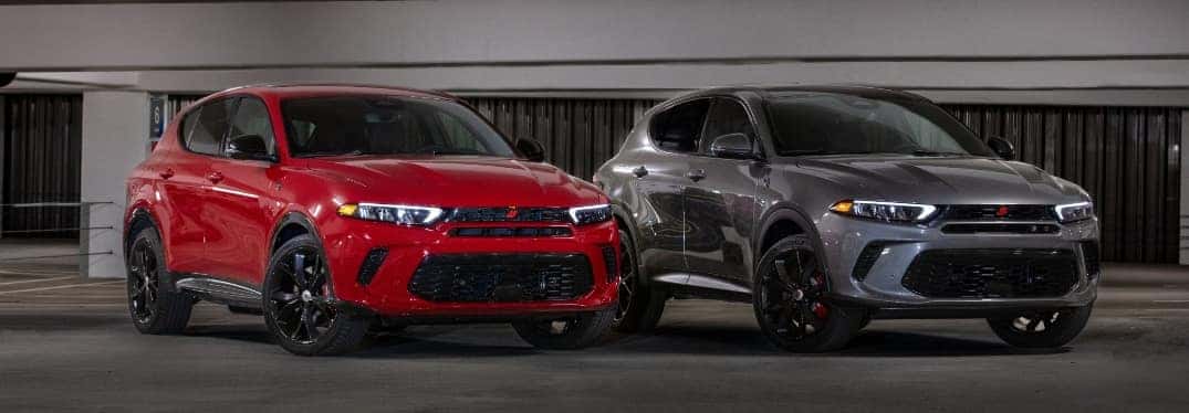 Front Diagonal View of 2024 Dodge Hornet in Red and Gray Exteriors