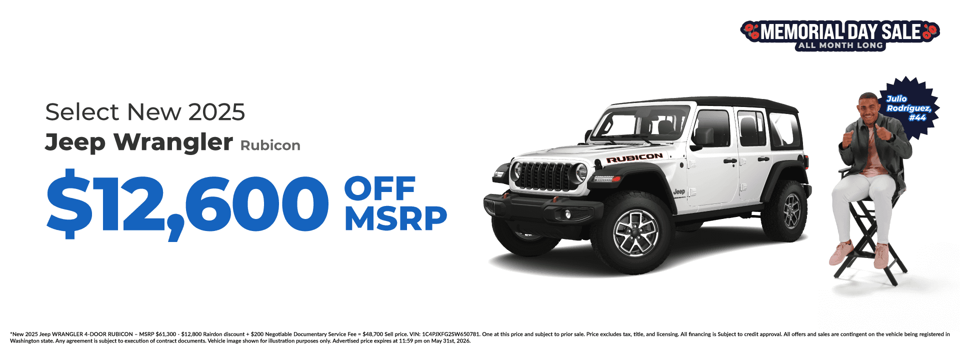 Get $12,600 off MSRP on Select New 2025 Jeep Wrangler Rubicon