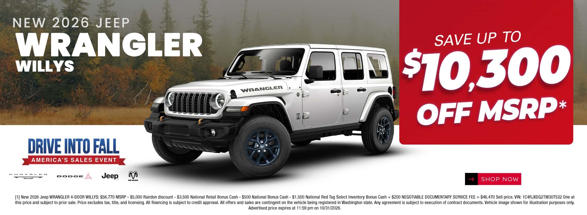 $10,300 off MSRP [1] on New 2026 Jeep Wrangler Willys