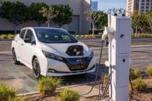 2023 Nissan LEAF Exterior Passenger Side Front Angle while Charging
