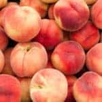 Freshly picked white peaches on display at the farmer's market in Buford GA