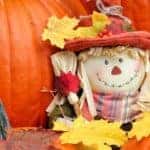 A scare crow doll is with a couple of pumpkins.
