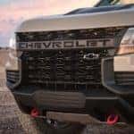 A closeup is shown of a 2021 Chevy Colorado ZR2's grille.