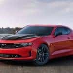 A red 2020 Chevy Camaro is parked on a winding racetrack.