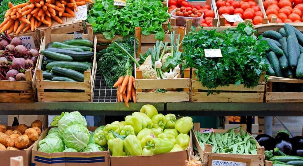 A stand with fresh vegetables in Atlanta, GA, is shown.