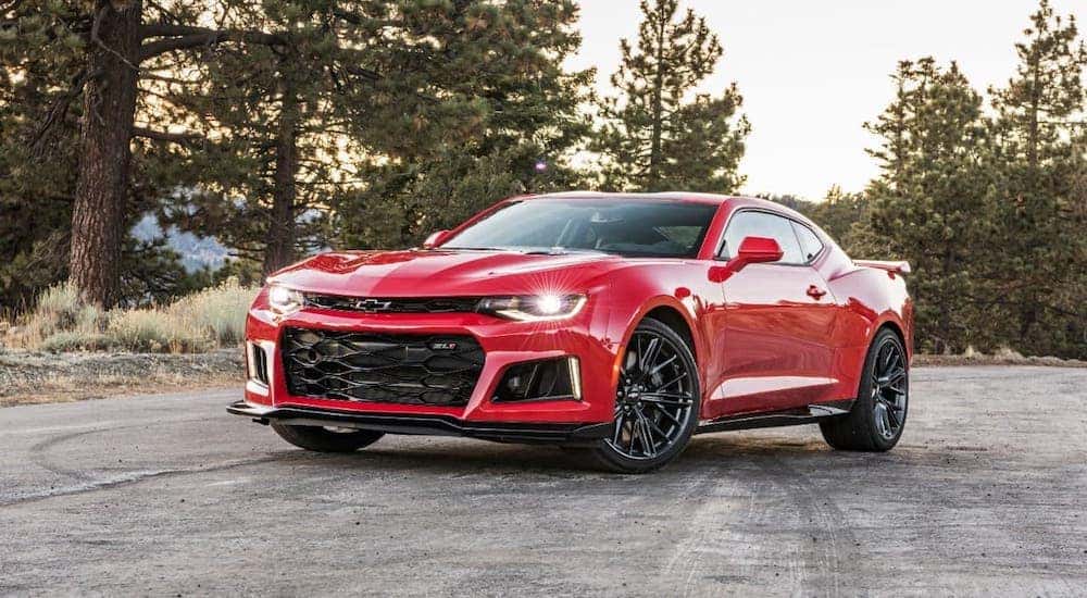A red 2017 Chevy Camaro ZL1 is parked in a tree-lined lot near Buford, GA.