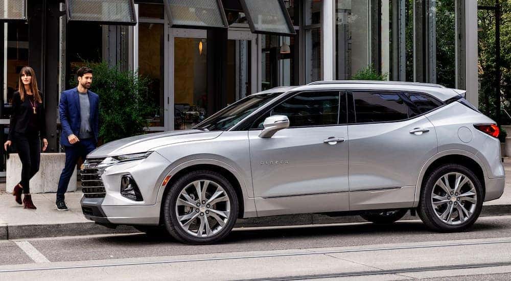 A silver 2020 Chevy Blazer is parked on a city street after leaving an Atlanta Chevy dealer.