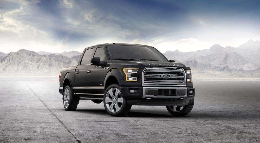 A black 2016 Ford F-150 is parked with mountains in the distance.